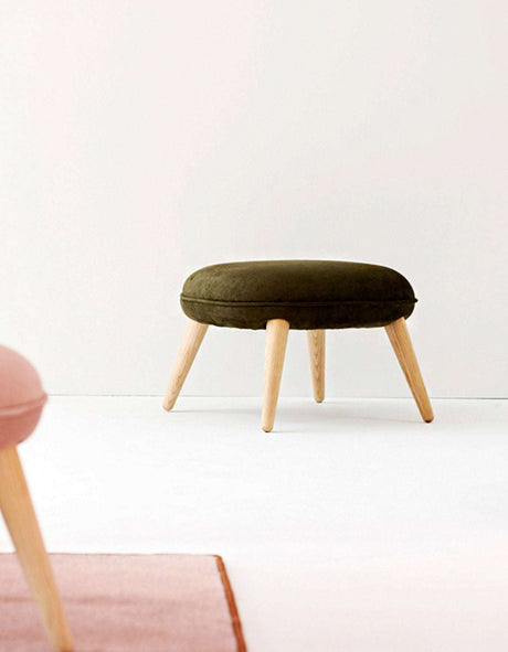 Le Di Vita Dressing Table Stool with a plush olive green seat and natural wooden legs