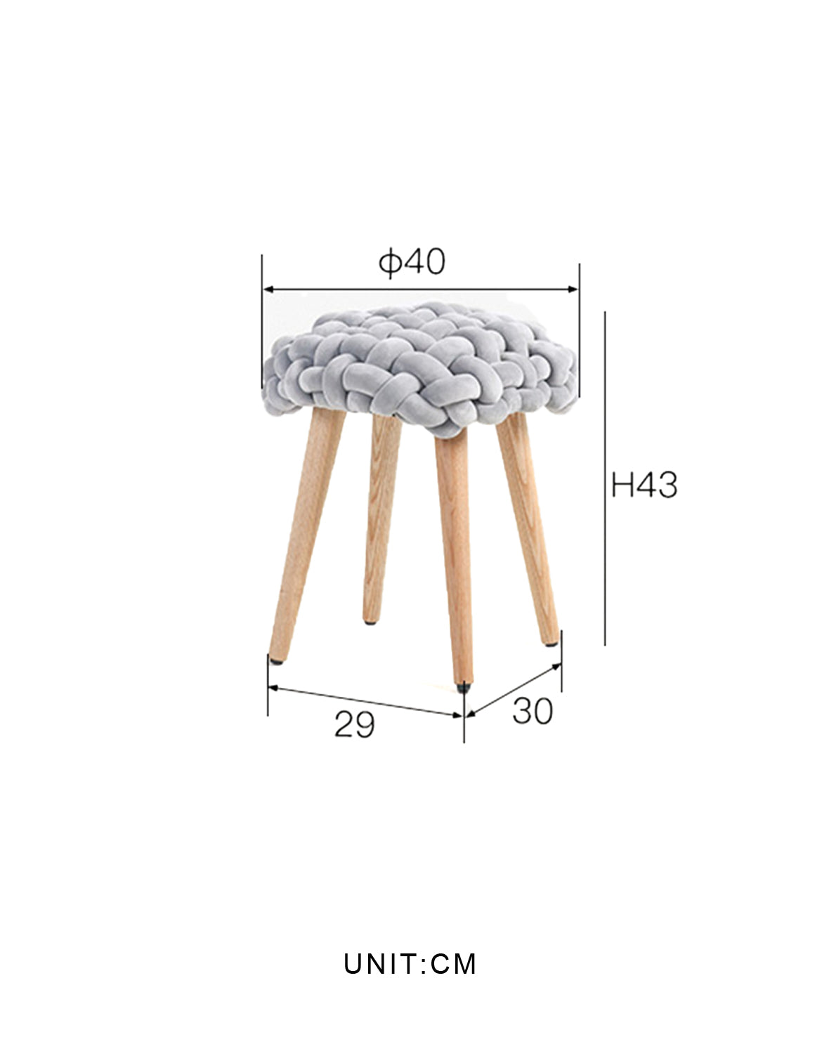 Le Di Vita Dressing Table Stool with a Stylish Braided Grey Cushion and Natural Wooden Legs