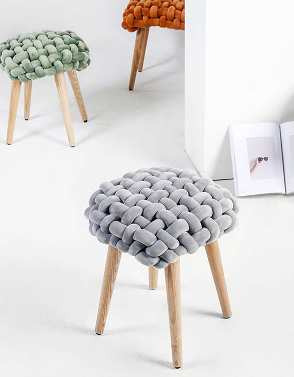 Le Di Vita Dressing Table Stool in grey with plush, woven design and wooden legs for stylish interiors