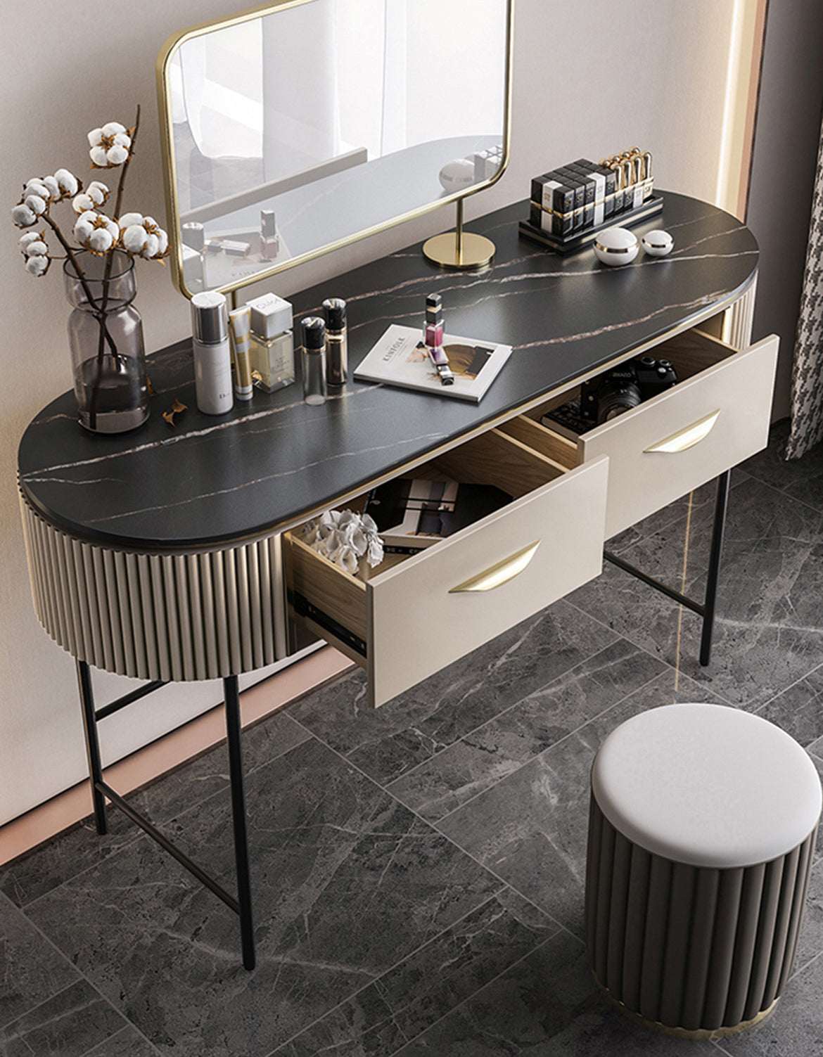Le Di Vita stylish dressing table with black marble top and two drawers for makeup organization