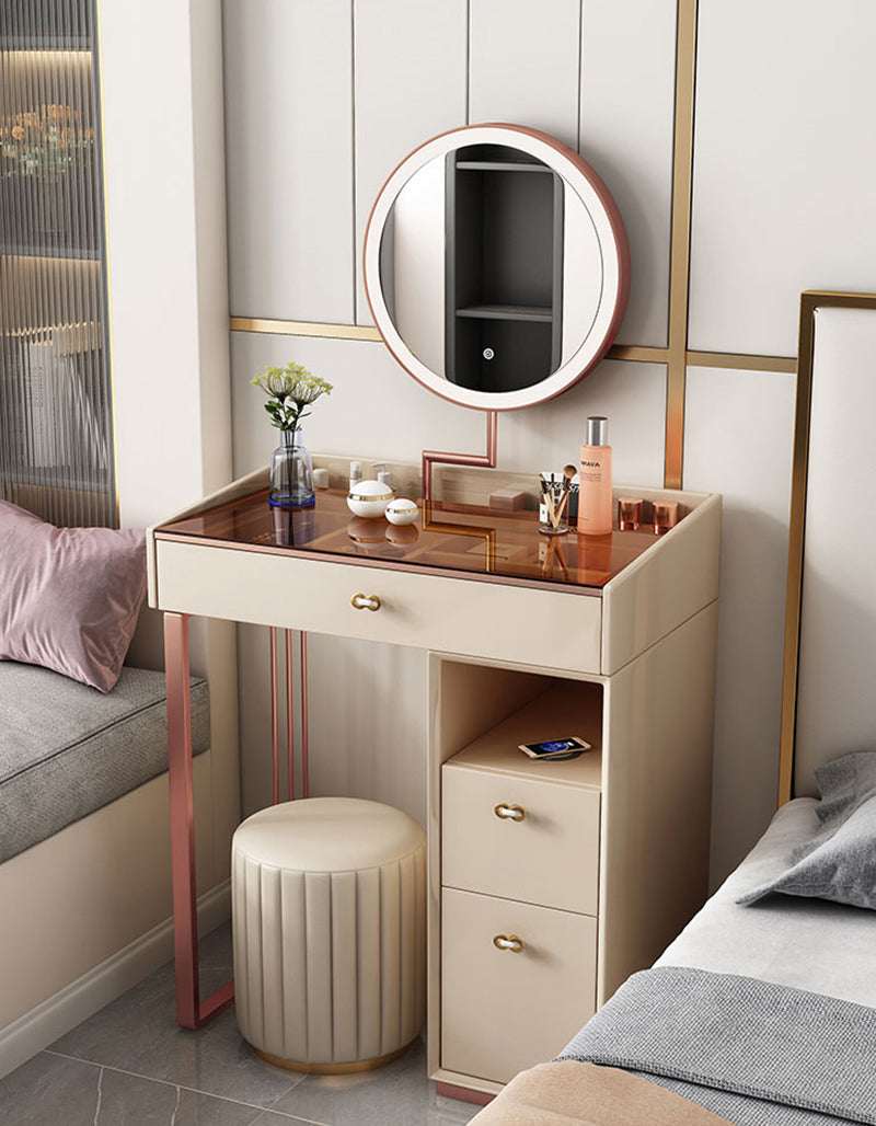Le Di Vita Dressing Table with Round Mirror and Storage Drawers for Elegant Bedrooms
