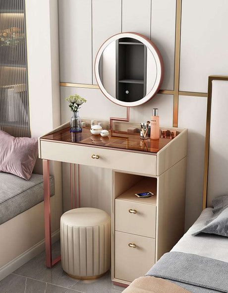Le Di Vita Dressing Table with Round Mirror and Storage Drawers for Elegant Bedrooms