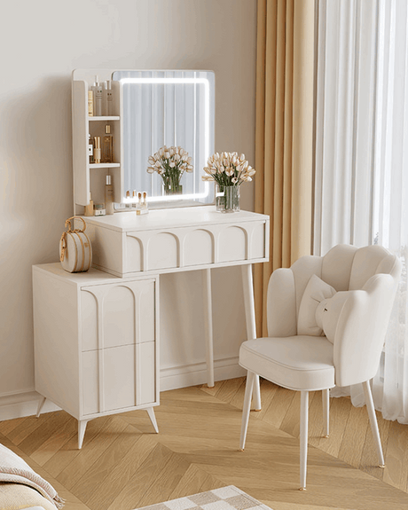 Elegant Le Di Vita Dressing Table with Mirror and Storage, complemented by a stylish chair