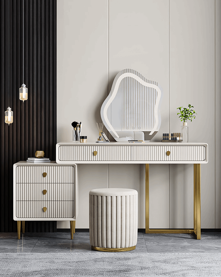 Elegant Le Di Vita Dressing Table with a round mirror and stylish storage features in a modern setting