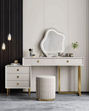 Elegant Le Di Vita Dressing Table with a round mirror and stylish storage features in a modern setting