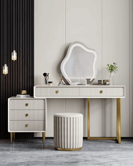 Elegant Le Di Vita Dressing Table with a round mirror and stylish storage features in a modern setting