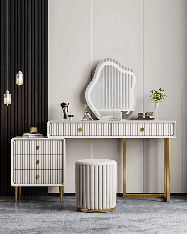 Elegant Le Di Vita Dressing Table with a round mirror and stylish storage features in a modern setting