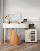 Elegant Le Di Vita Dressing Table in white with gold accents and a round mirror, complemented by a stylish chair