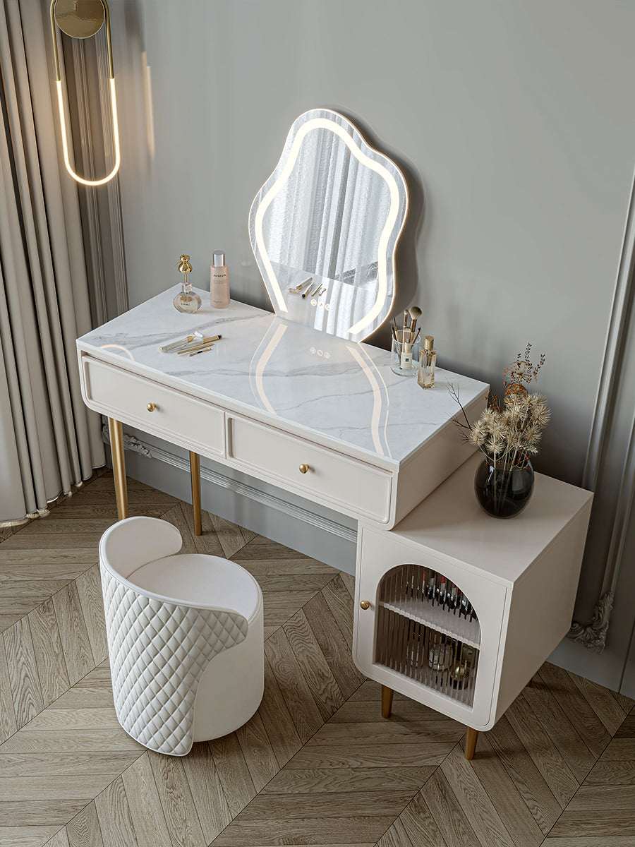 Elegant Le Di Vita Dressing Table with marble top, gold accents, and matching stool for chic decor