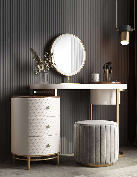 Stylish Le Di Vita Dressing Table with Round Mirror and Elegantly Designed Storage Drawers