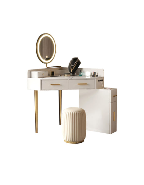 Elegant Le Di Vita Dressing Table with Mirror and Stylish Storage Drawers in White and Gold