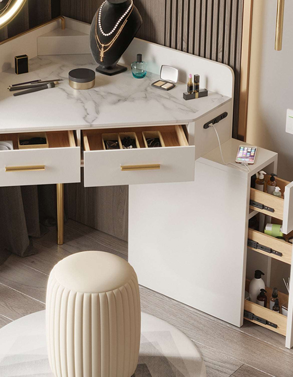 Le Di Vita Dressing Table with Marble Top and Organised Drawers for Beauty Essentials