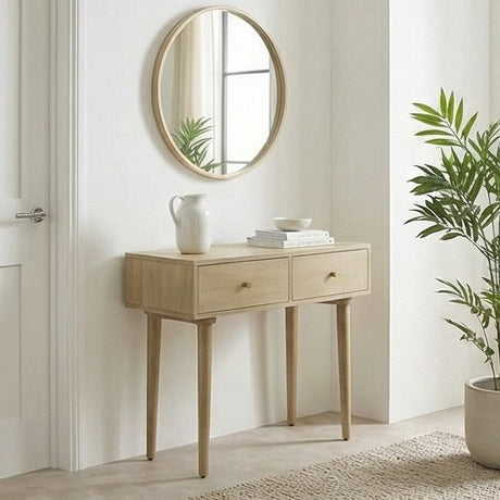 Fishe and Lilly Dressing Table with Two Drawers and Round Mirror in a Modern Indoor Setting