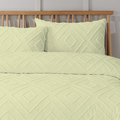 Olivia Rocco Duvet Cover Set in soft pale green with diamond patterns and matching pillowcases