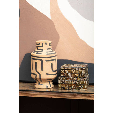Orsina Earthenware Vase with Intricate Black Designs Beside Decorative Box Set