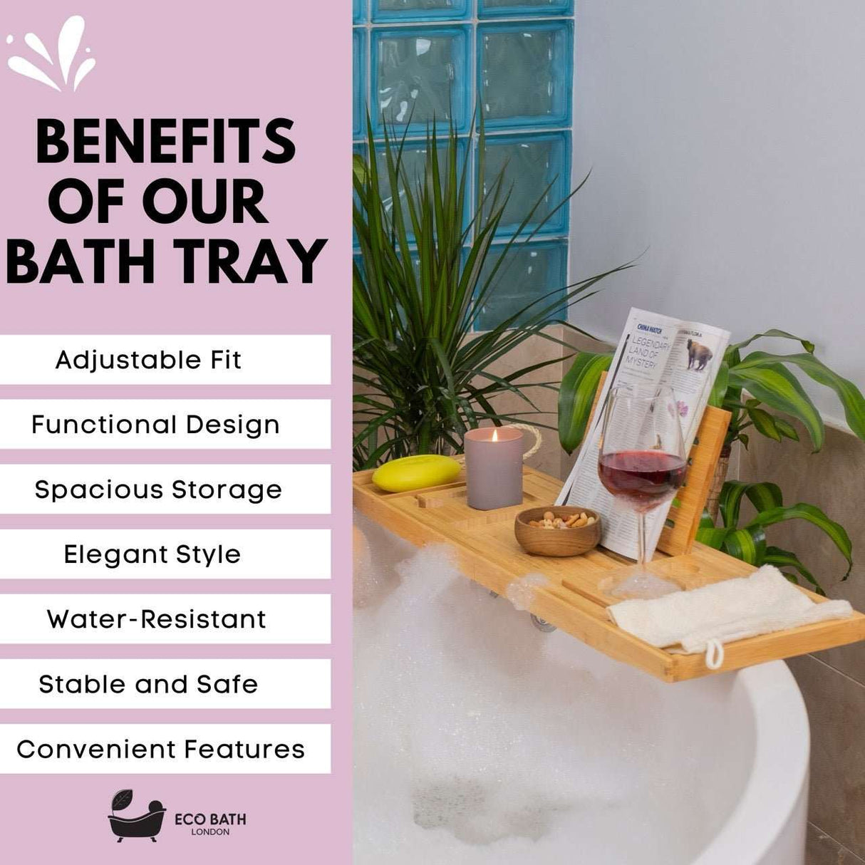 Eco Bath London Bath Tray with adjustable fit and spacious storage for a relaxing bath experience