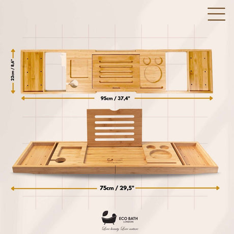 Eco Bath London Bamboo Bath Tray with Adjustable Width and Multiple Holders for Relaxation