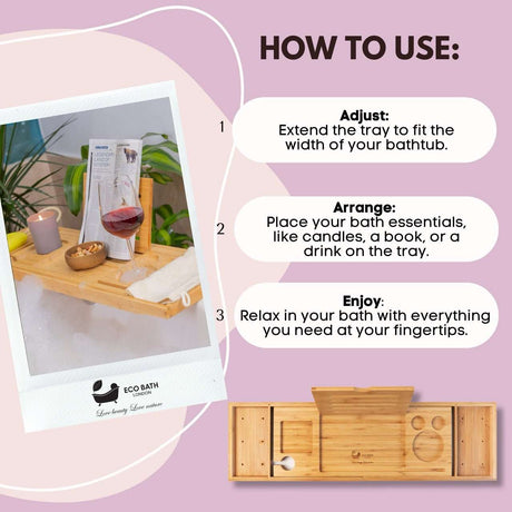 Eco Bath London Bath Tray with adjustable sections for candles, books, and drinks for a relaxing bath experience