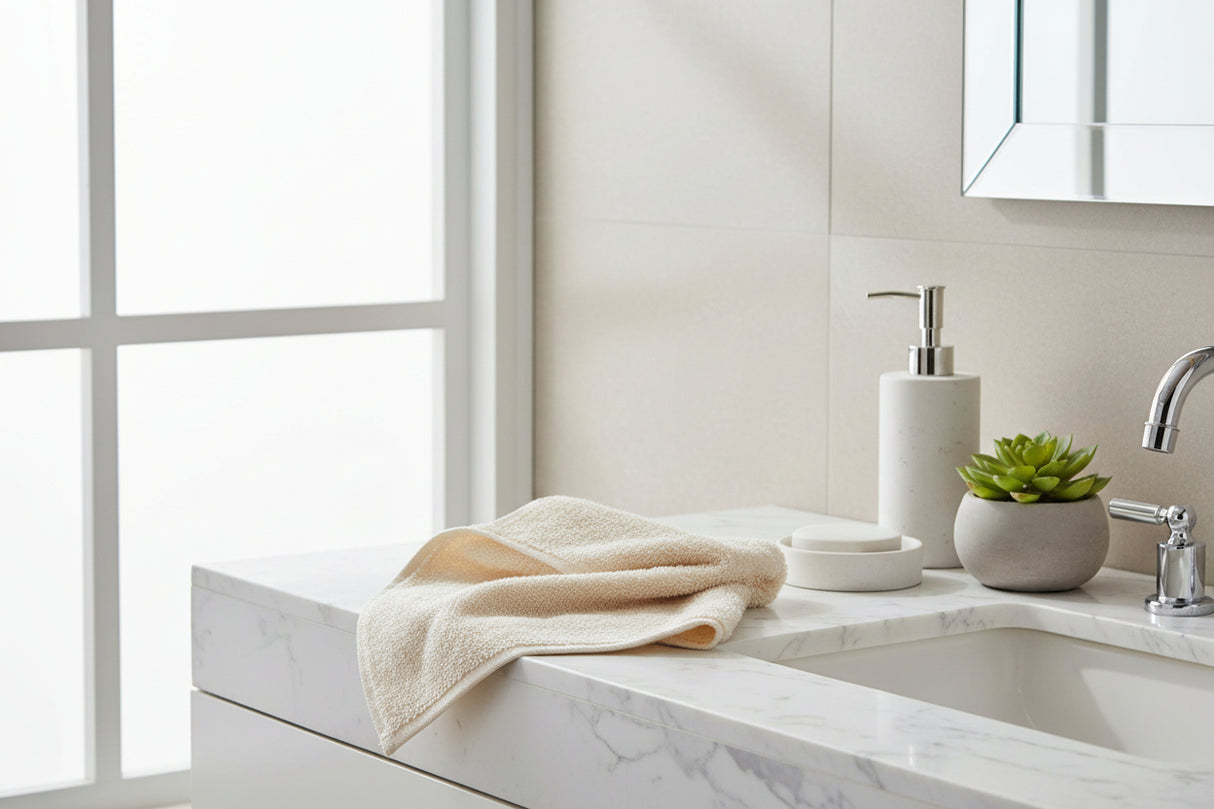 Soft Eco Bath London Cotton Hand Towel draped on a marble bathroom countertop with soap dispenser and plant