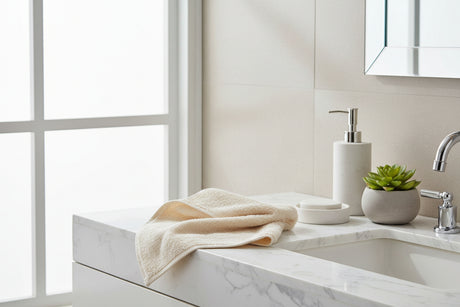 Soft Eco Bath London Cotton Hand Towel draped on a marble bathroom countertop with soap dispenser and plant