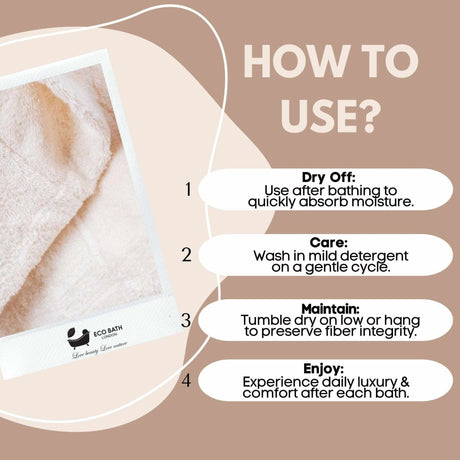Eco Bath London Cotton Hand Towel showing care instructions for daily luxury and comfort after bathing