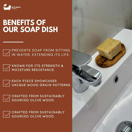 Eco Bath London Ridged Soap Dish made from sustainably sourced olive wood showcasing unique grain patterns
