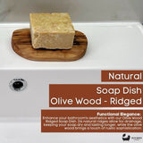Eco Bath London Ridged Soap Dish in Olive Wood, designed for drainage and lasting soap durability