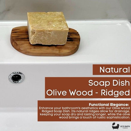Eco Bath London Ridged Soap Dish in Olive Wood, designed for drainage and lasting soap durability