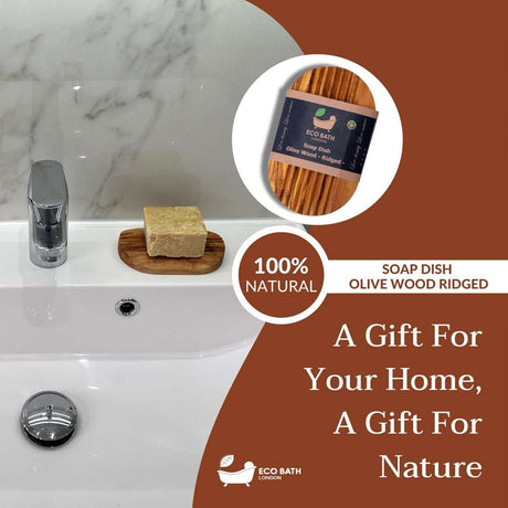 Eco Bath London Olive Wood Ridged Soap Dish in a modern bathroom setting with a bar of soap
