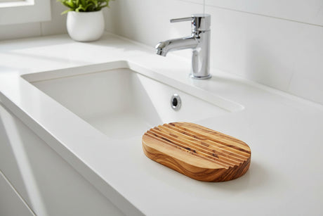 Natural wooden Ridged Soap Dish from Eco Bath London on a modern bathroom countertop