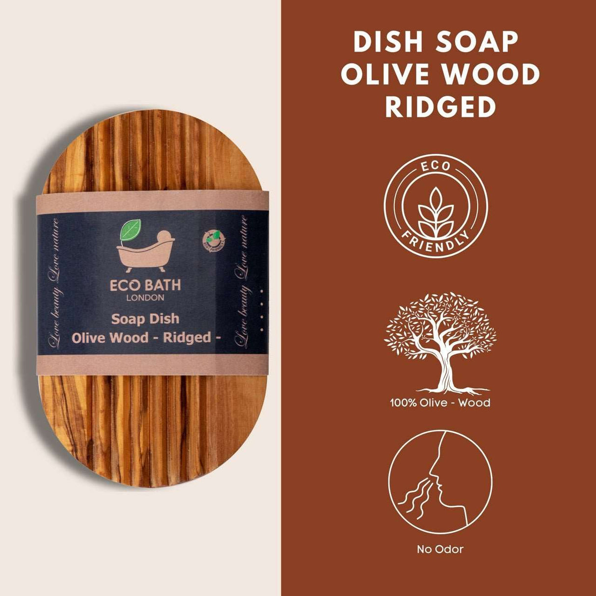 Eco Bath London Ridged Soap Dish made from 100 per cent eco-friendly olive wood for sustainable bathroom use