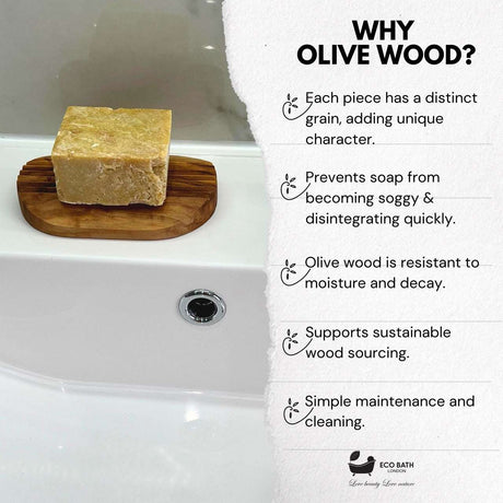 Eco Bath London Ridged Soap Dish made from olive wood, featuring unique grain and moisture resistance