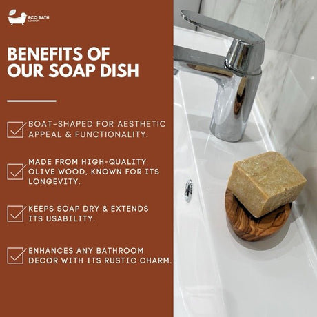 Eco Bath London Soap Dish in boat shape made from durable olive wood for elegant bathroom decor