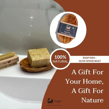 Eco Bath London Olive Wood Boat Soap Dish featuring natural material for a stylish bathroom presentation