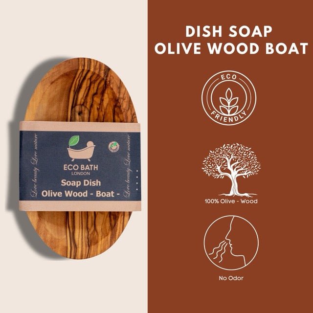 Eco Bath London Soap Dish in Olive Wood Boat design, eco-friendly and stylish for your bathroom