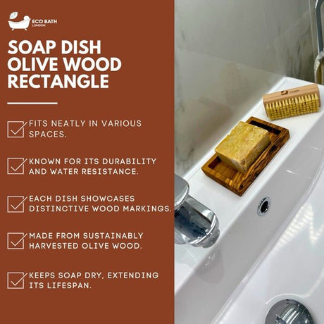 Eco Bath London Soap Dish in Olive Wood Rectangle, durable and water-resistant, keeps soap dry