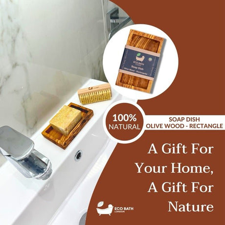 Eco Bath London Soap Dish made of natural olive wood in a rectangular design for eco-friendly bathrooms