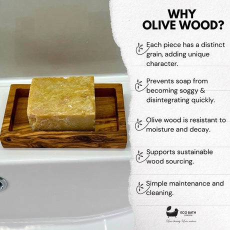 Eco Bath London Olive Wood Soap Dish with unique grain, moisture resistant for sustainable use