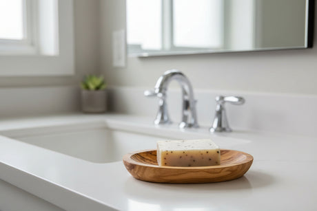 Eco Bath London Wooden Soap Dish with a Bar of Natural Soap on a Minimalist Bathroom Counter