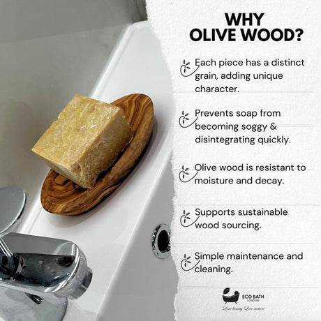 Eco Bath London Olive Wood Soap Dish with natural grain design for moisture resistance and sustainable cleaning