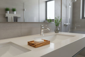 Eco Bath London Natural Wooden Soap Dish on a Modern Bathroom Sink with Minimalist Design