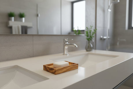 Eco Bath London Natural Wooden Soap Dish on a Modern Bathroom Sink with Minimalist Design