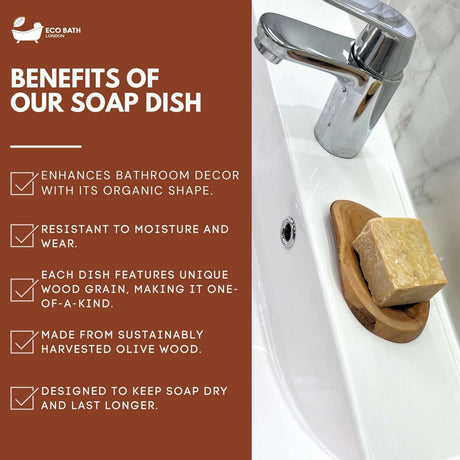 Wood Leaf Soap Dish made from sustainably harvested olive wood for enhanced bathroom decor and longevity