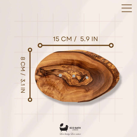 Eco Bath London Wood Leaf Soap Dish in natural wood finish, measuring 15 cm by 8 cm