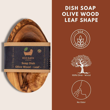 Eco Bath London Wood Leaf Soap Dish crafted from 100 per cent olive wood in an elegant olive shape