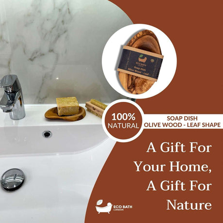 Wood Leaf Soap Dish by Eco Bath London, made from natural olive wood for a stylish bathroom decor