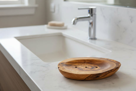 Eco Bath London Wood Leaf Soap Dish on a marble countertop beside a sink