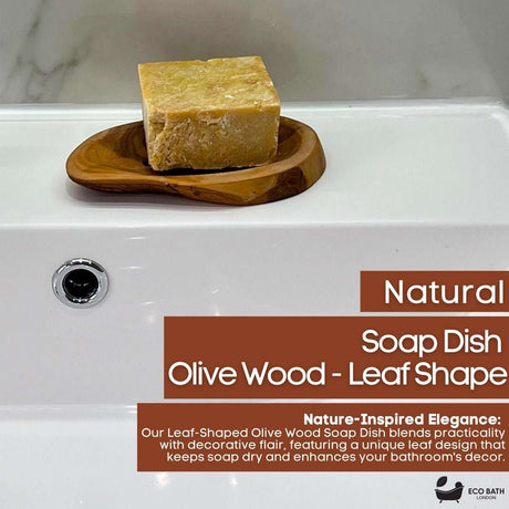 Eco Bath London Wood Leaf Soap Dish in Olive Wood with a unique leaf shape for stylish bathroom decor