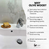 Eco Bath London Wood Leaf Soap Dish made from olive wood, showcasing its unique grain and sustainable design