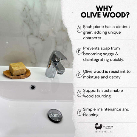Eco Bath London Wood Leaf Soap Dish made from olive wood, showcasing its unique grain and sustainable design
